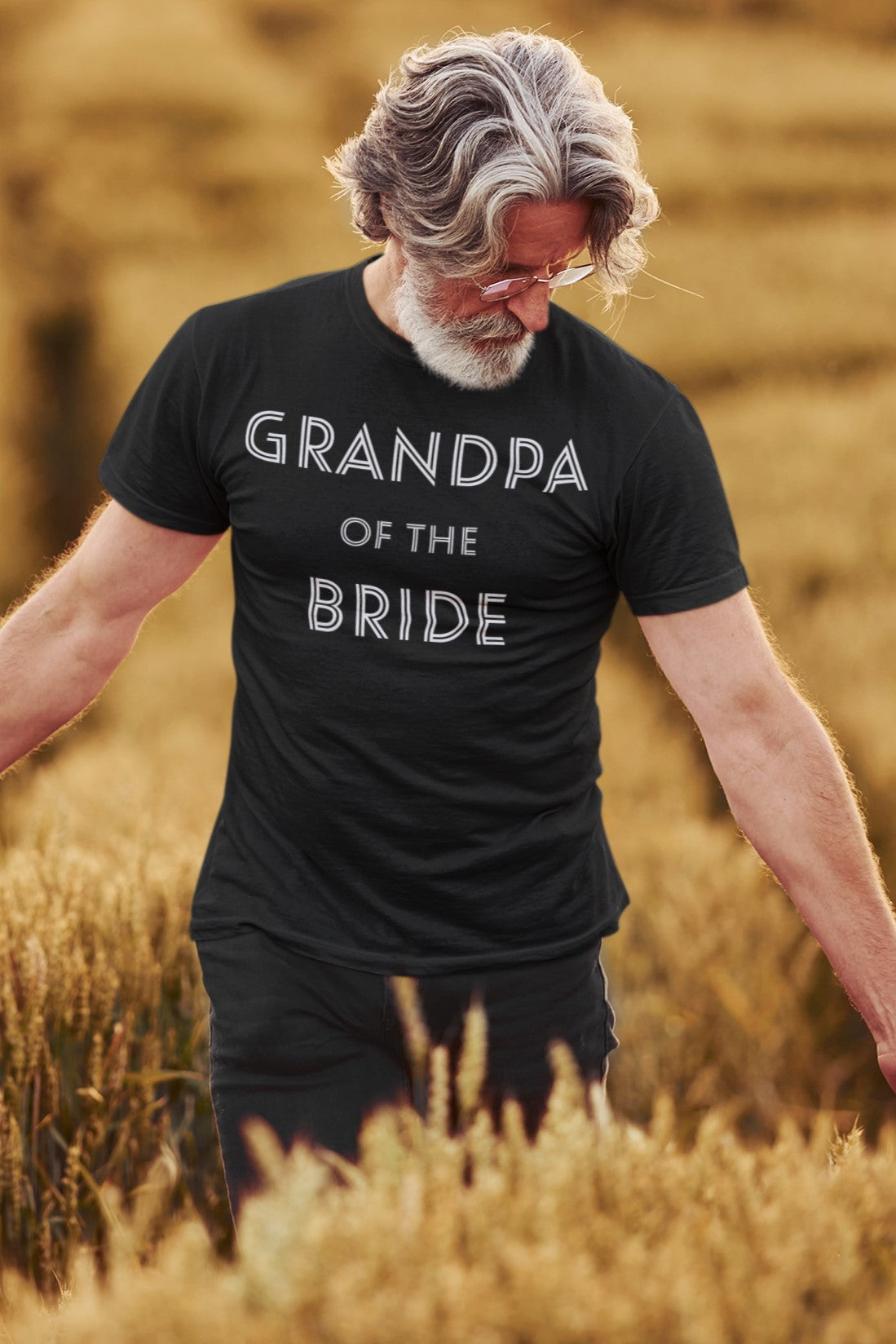 Funny Grandpa of the Bride T-shirt, family-printondemand-t-shirt-featuring-a-senior-man-walking-through-a-wheat-field