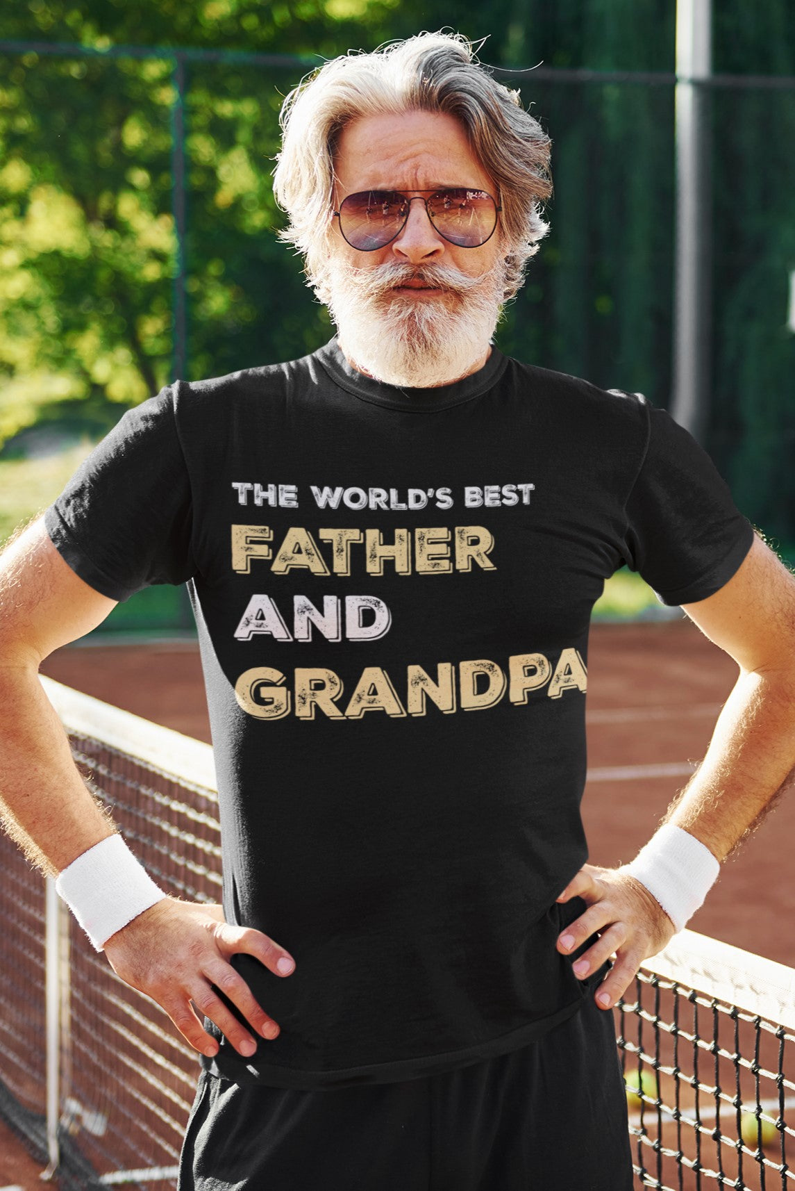 Funny The World’s Best Father and Grandpa T-shirt, t-shirt-mockup-of-a-bearded-man-at-a-tennis-court