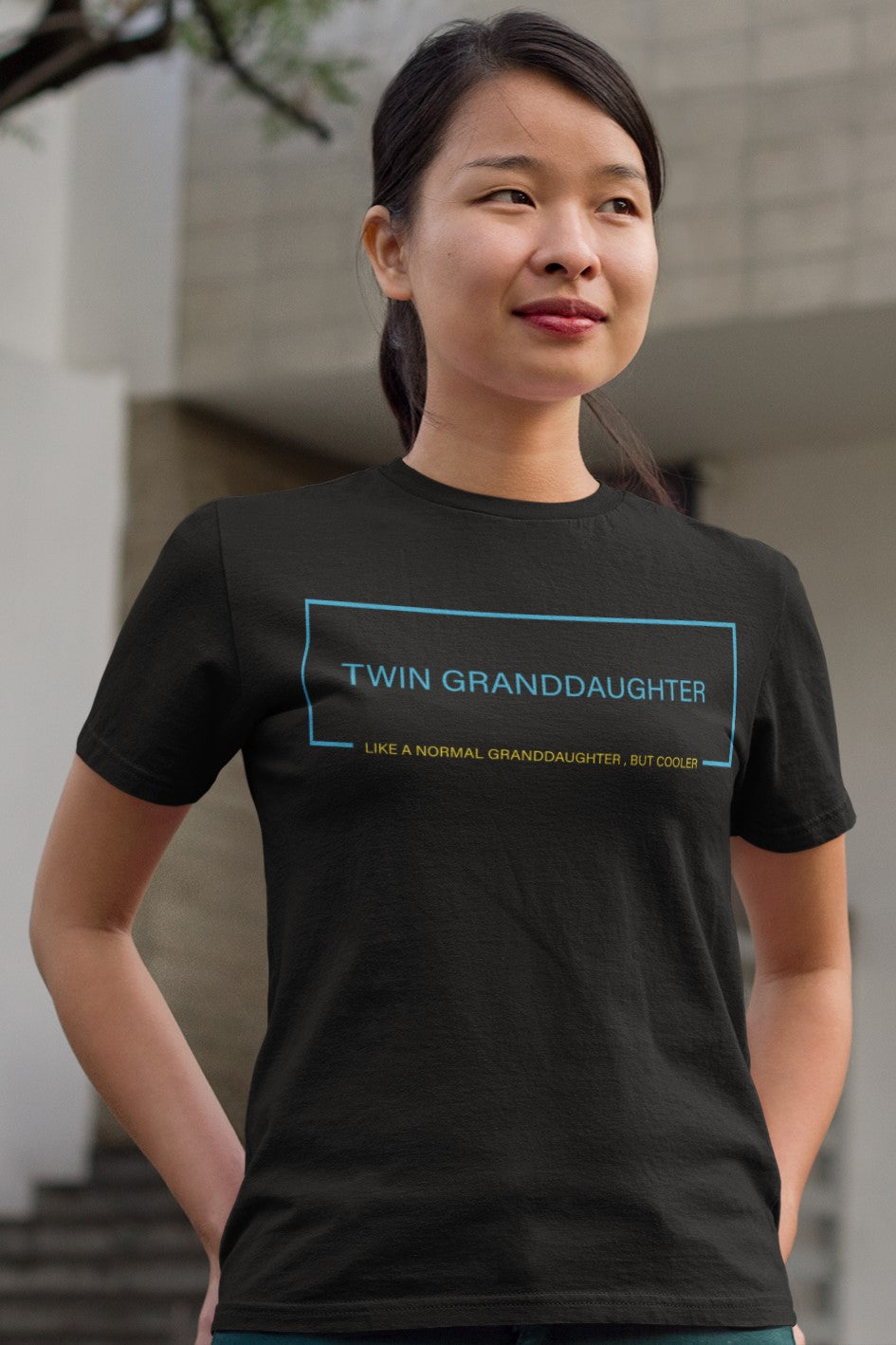 Funny Twin Granddaughter T-shirt, asian-woman-standing-outside-her-home-t-shirt