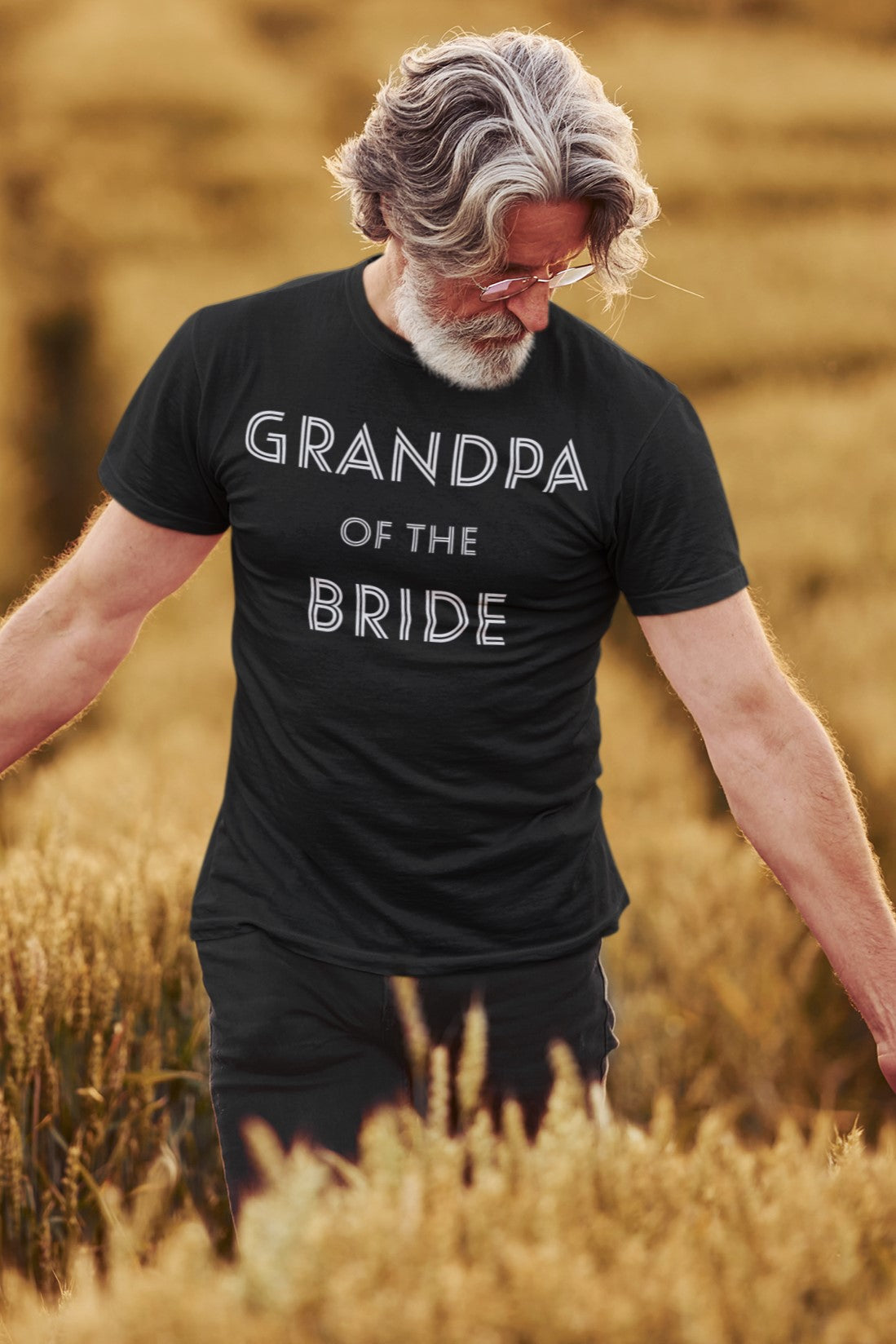 Funny Grandpa of the Bride T-shirt,  family-printondemand-t-shirt-featuring-a-senior-man-walking-through-a-wheat-field