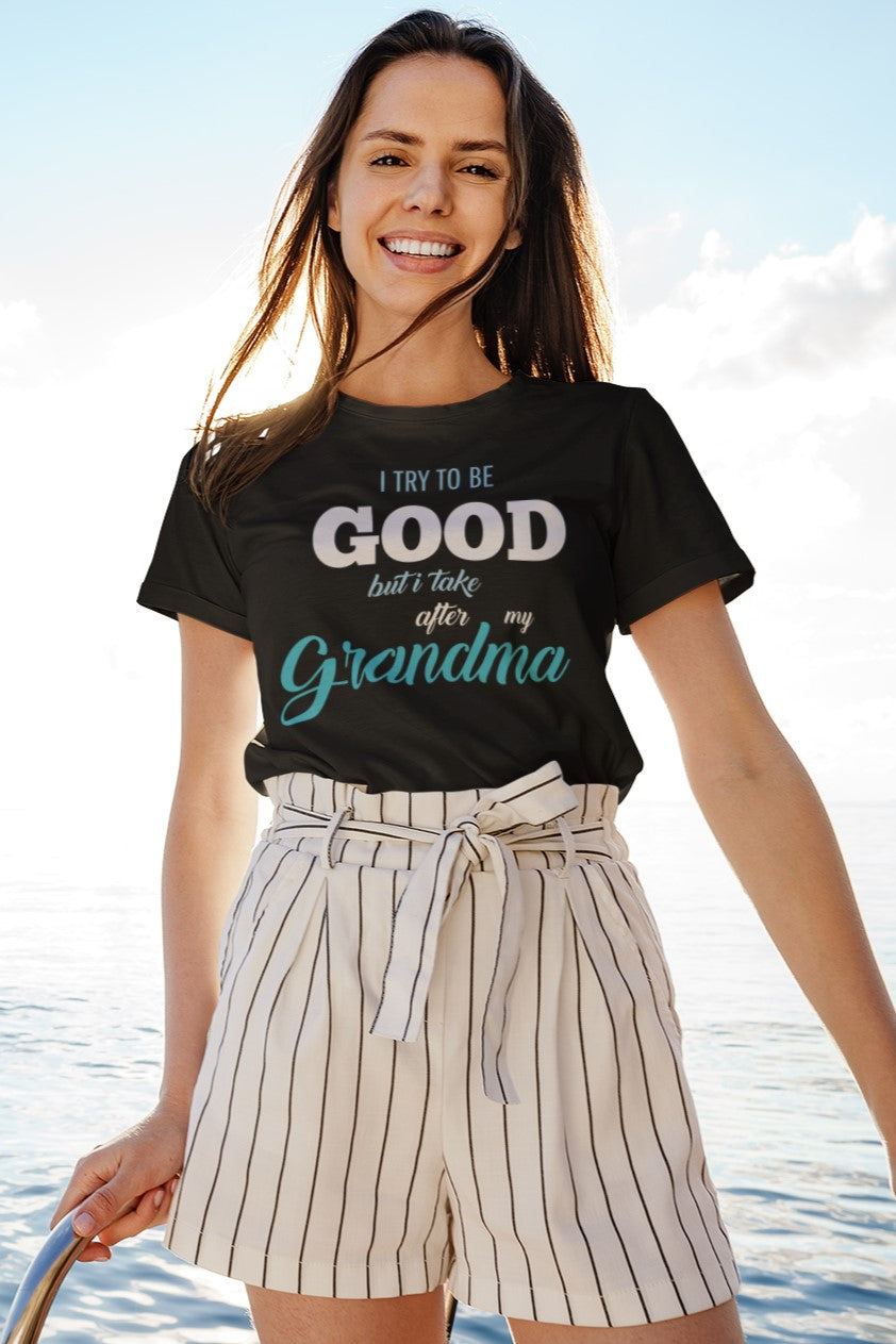 Funny I try to be Good but I take after my Grandma T-shirt, heathered-t-shirt-mockup-featuring-a-smiling-woman-posing-on-a-yacht