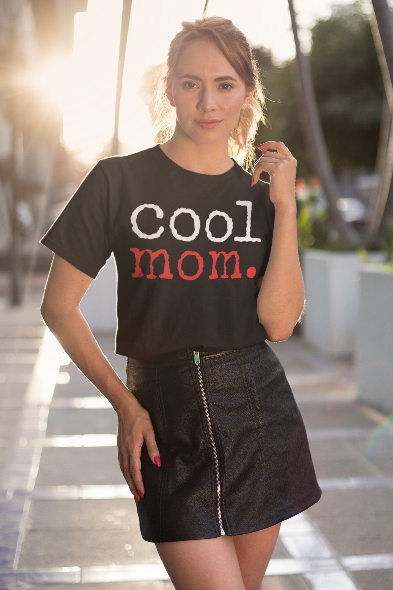 Funny Casual Cool Mom T-shirt, mockup-of-a-stylish-woman-wearing-a-t-shirt-at-sunset