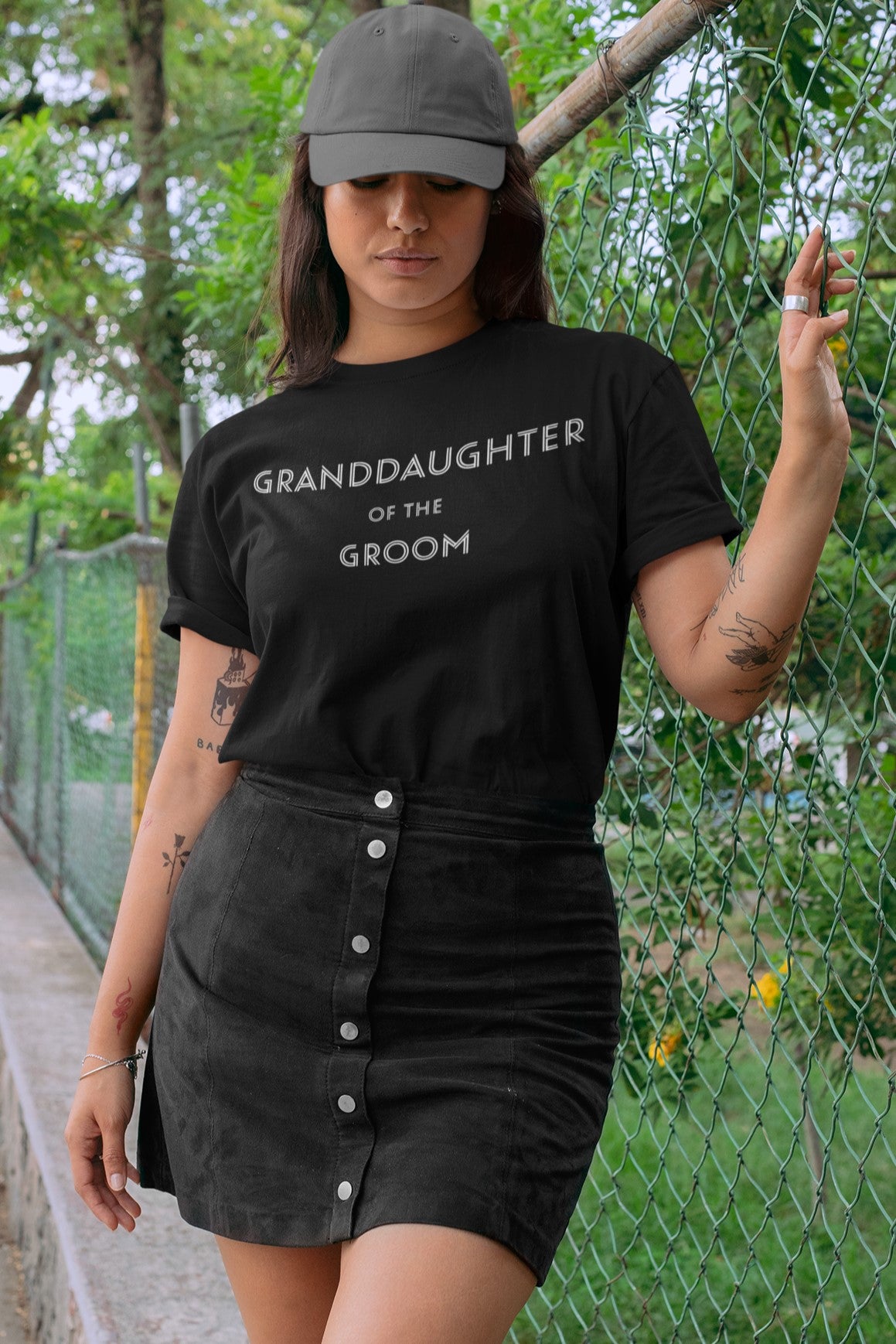 Funny Granddaughter of the Groom T-shirt, mockup-of-a-tattooed-woman-wearing-a-crew-neck-t-shirt-and-a-dad-hat