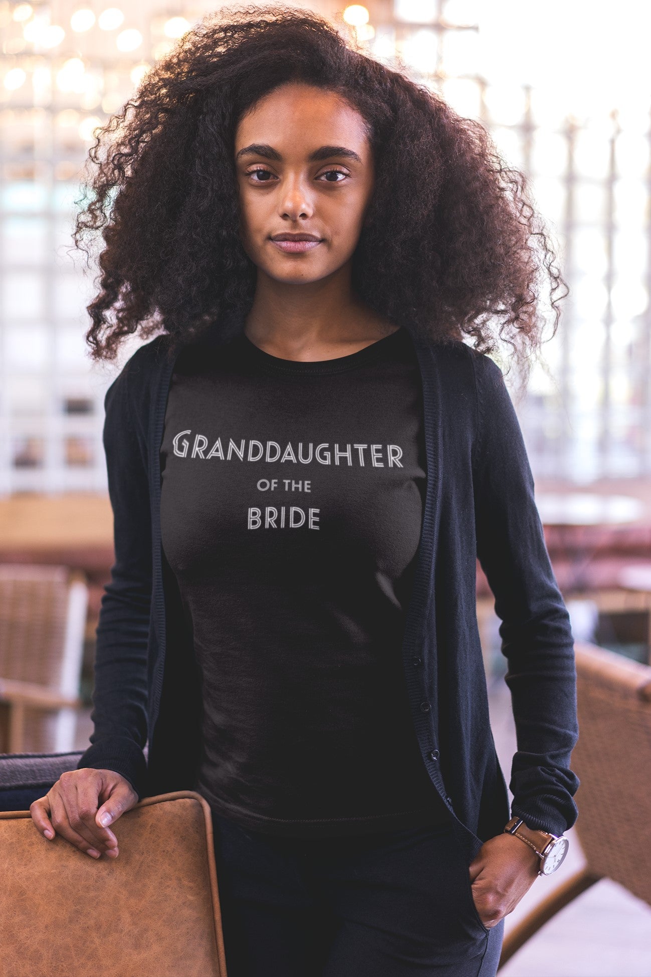 Funny Granddaughter of the Bride T-shirt, mockup-of-a-woman-with-curly-hair-wearing-a-t-shirt