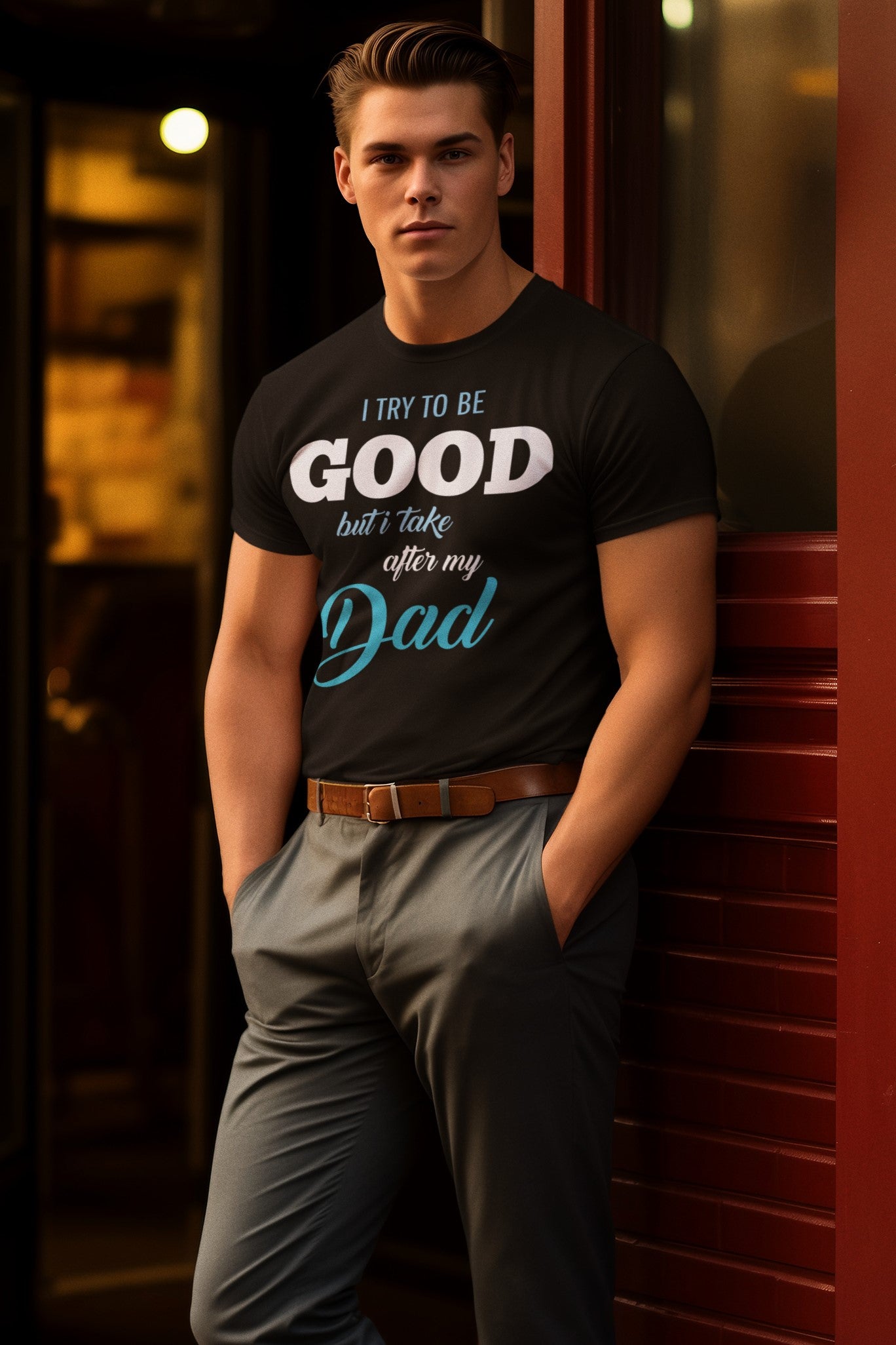 Funny I try to be Good but I take after my Dad T-shirt, round-neck-t-shirt-mockup-featuring-an-ai-generated-man-in-a-40s-aesthetic