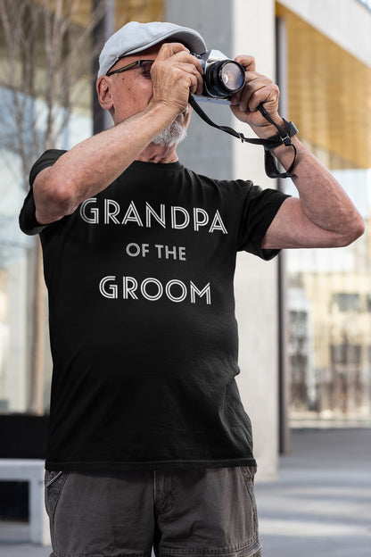 Funny Grandpa of the Groom T-shirt, senior-man-wearing-a-family-printondemand-t-shirt-taking-a-picture-in-the-street