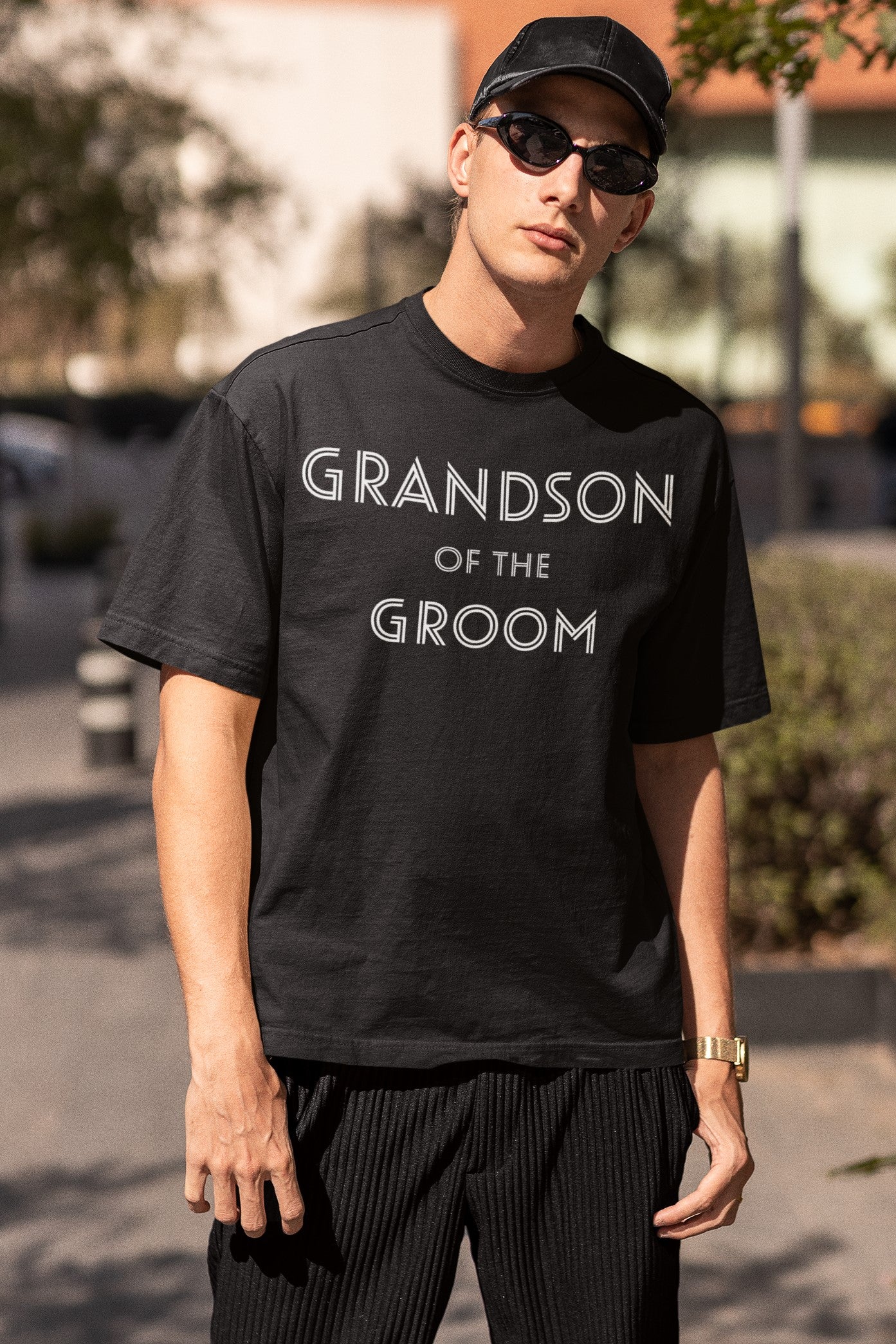 Funny Grandson of the Groom T-shirt, t-shirt-mockup-featuring-a-man-posing-in-the-street