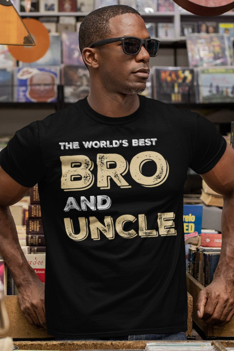Funny The World’s Best Bro and Uncle T-shirt, t-shirt-mockup-featuring-a-man-with-sunglasses-at-a-vintage-records-store