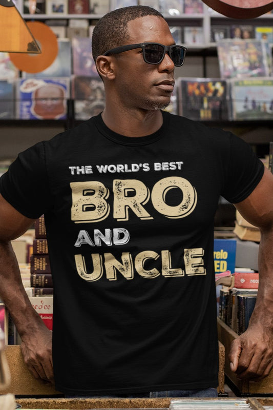 Funny The World’s Best Bro and Uncle T-shirt, t-shirt-mockup-featuring-a-man-with-sunglasses-at-a-vintage-records-store