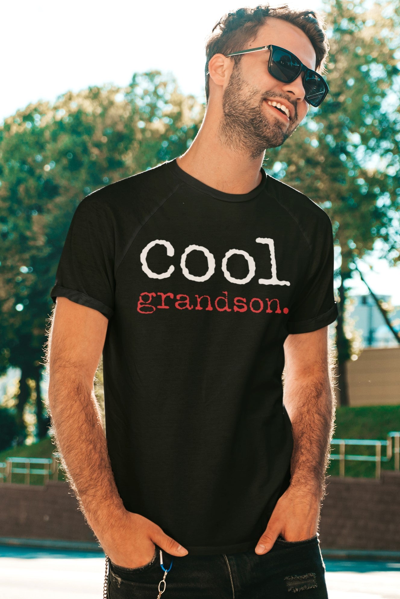 Funny Casual Cool Grandson T-shirt, t-shirt-mockup-featuring-a-man-with-sunglasses-posing-at-a-park