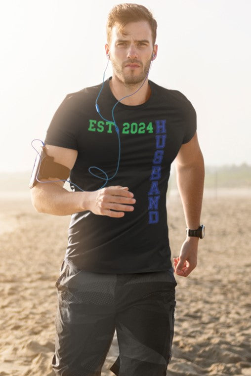 Funny Husband Est 2024 Cool T-shirt, t-shirt-mockup-of-a-male-runner-training-at-the-beach